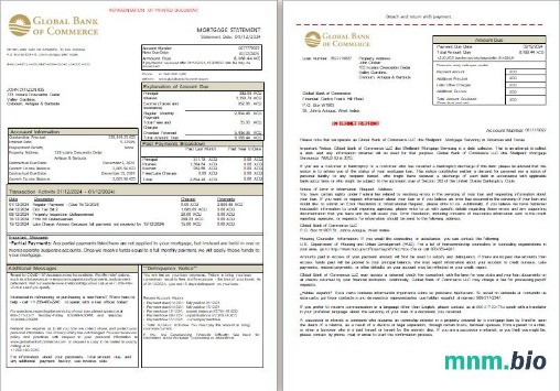Antigua i Barbuda Global Bank of Commerce wyciąg z kredytu hipotecznego, 3 strony, 1-2